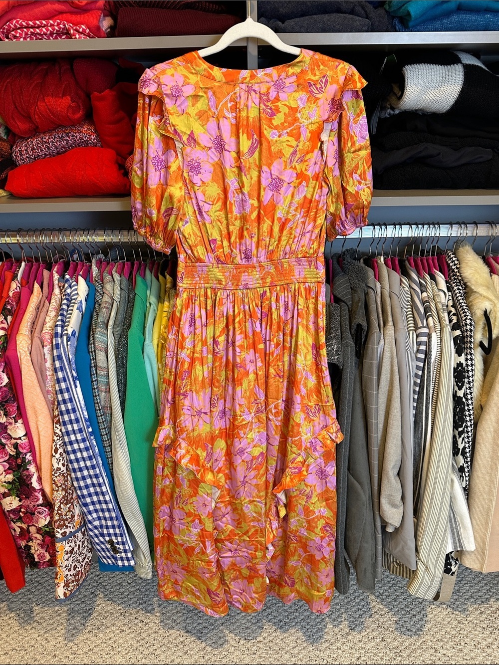 Current Air orange/purple floral short sleeve ruffled midi dress size XS - Picture 3 of 4